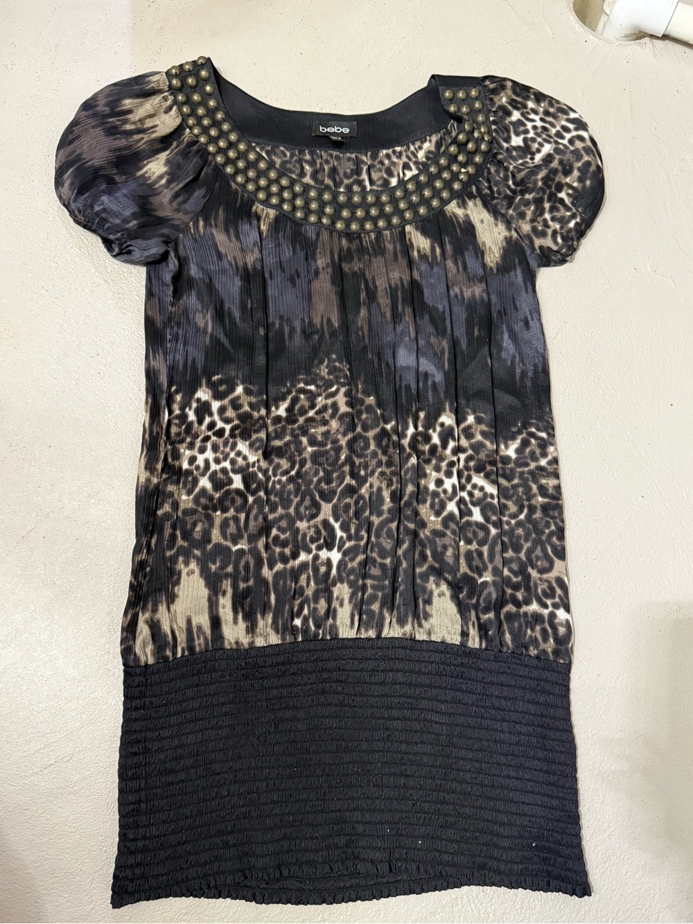 bebe y2k Black and Brown Leopard Print Dress with Studded Neckline